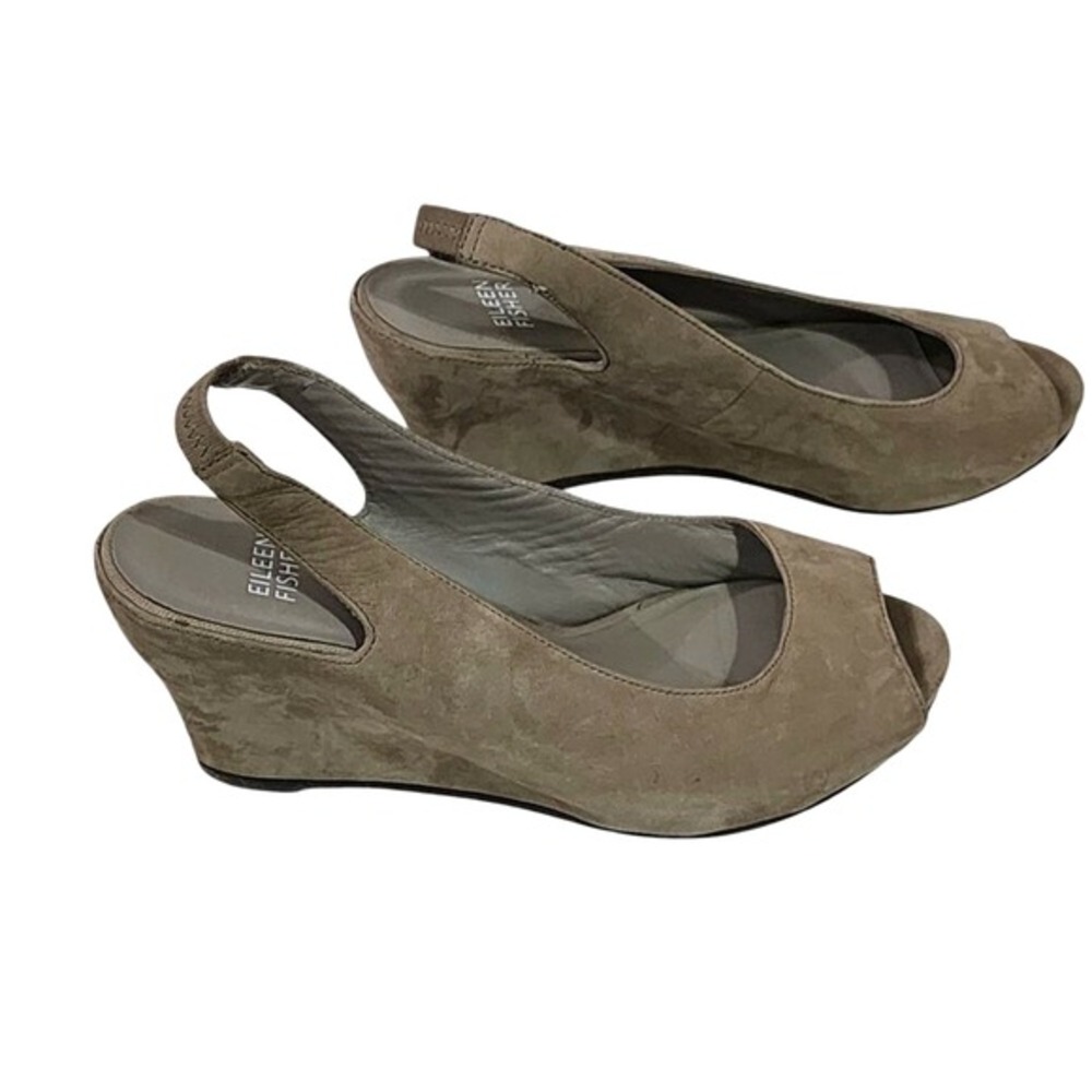 Eileen Fisher Taupe‎ Suede Peep Toe Slingback Wedge Sandals Shoes Italy 7.5